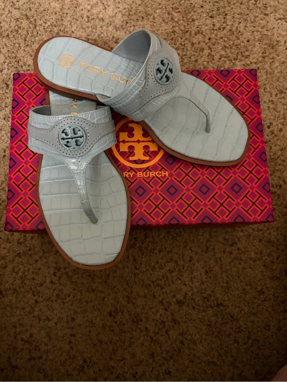 Tory Burch Pale Blue Croc-Embossed Thong Sandals